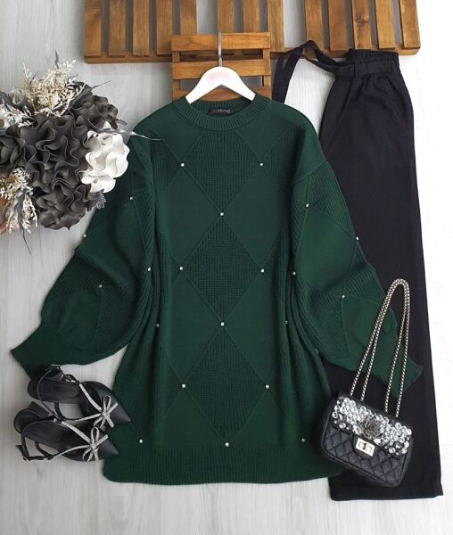 WEND TAŞLI DÜZ VE SELANİK DOKUMA TRİKO TUNİK B5-5-8145-27-ZÜMRÜT - 1