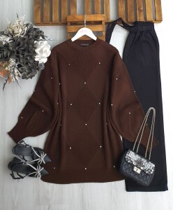 WEND TAŞLI DÜZ VE SELANİK DOKUMA TRİKO TUNİK B5-5-8145-37-KAHVE - 