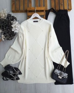 WEND TAŞLI DÜZ VE SELANİK DOKUMA TRİKO TUNİK B5-5-8145-50-KEMİK - 