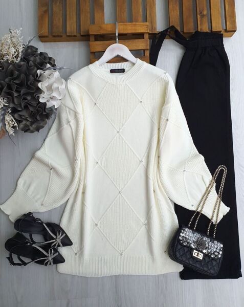 WEND TAŞLI DÜZ VE SELANİK DOKUMA TRİKO TUNİK B5-5-8145-50-KEMİK - 1