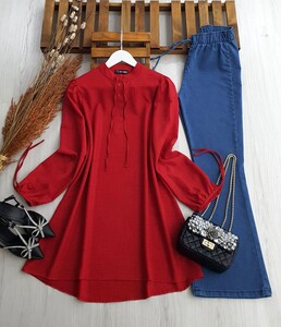 WERA YAKA VE KOL BAĞCIKLI SALAŞ KETEN TUNİK C6-5284-03-KIRMIZI - 