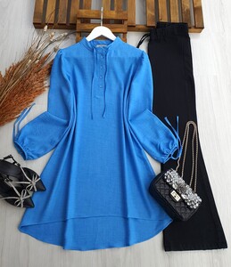 WERA YAKA VE KOL BAĞCIKLI SALAŞ KETEN TUNİK C6-5284-10-MAVİ - 