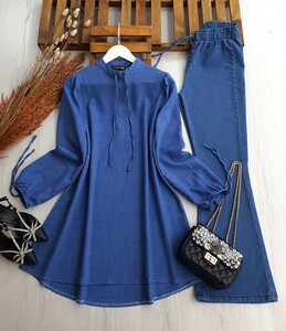 WERA YAKA VE KOL BAĞCIKLI SALAŞ KETEN TUNİK C6-5284-11-İNDİGO - 