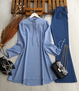 WERA YAKA VE KOL BAĞCIKLI SALAŞ KETEN TUNİK C6-5284-13-BEBE MAVİSİ - 