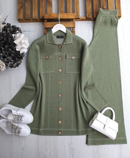 WİLC AHŞAP DÜĞMELİ ÇİFT CEPLİ TRİKO TAKIM A3-3-8136-09-HAKİ - 1