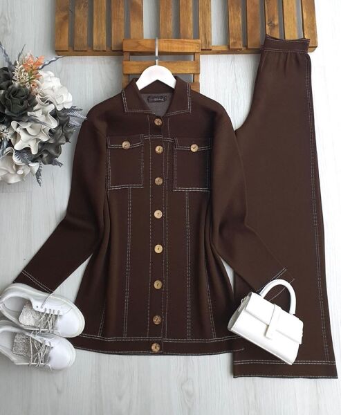 WİLC AHŞAP DÜĞMELİ ÇİFT CEPLİ TRİKO TAKIM A3-3-8136-37-KAHVE - 1