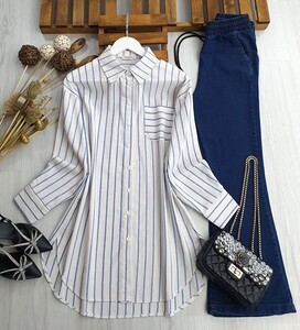 WOYN ÇİZGİLİ TEK CEP KETEN GÖMLEK C8-5334-10-MAVİ - 