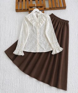 YAEF NAKIŞLI İŞLEMELİ V FIRFIRLI GÖMLEK 5742-34-BEJ - 