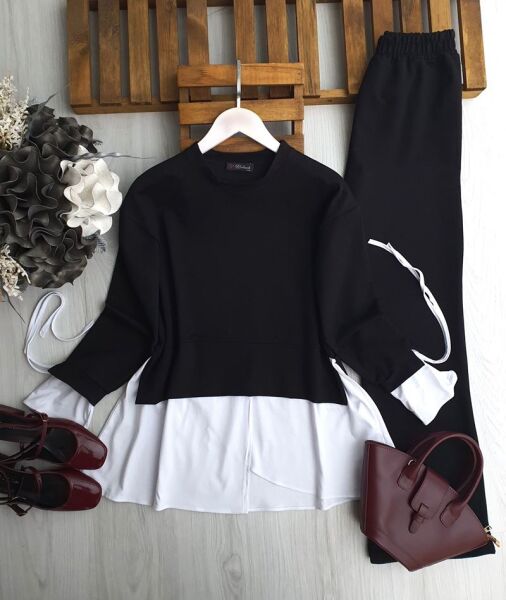 YAHSA KOLU BAĞCIKLI BEYAZ GARNİLİ İKİLİ TAKIM 1690-01-SİYAH - 1