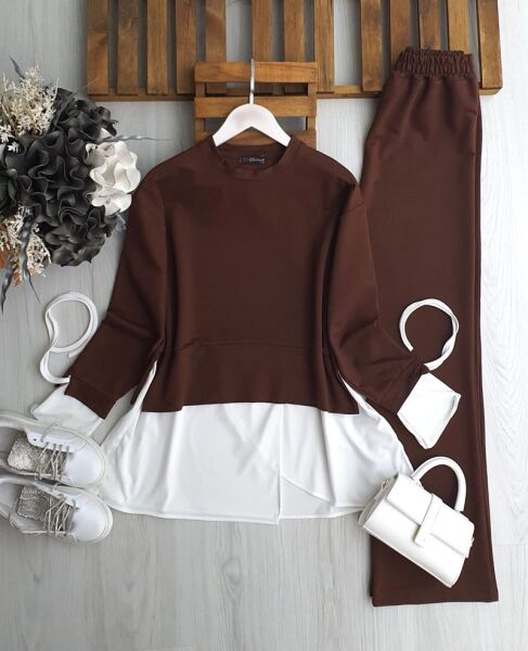 YAHSA KOLU BAĞCIKLI BEYAZ GARNİLİ İKİLİ TAKIM 1690-37-KAHVE - 1