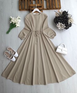 YANP BELDEN OTURTMA PARÇALI DOUBLE ELBİSE 2422-34-BEJ - 1