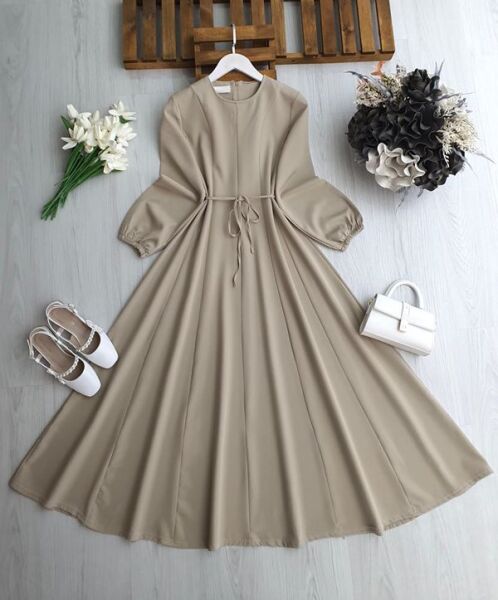 YANP BELDEN OTURTMA PARÇALI DOUBLE ELBİSE 2422-34-BEJ - 1