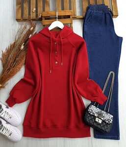 YAPQ YARIM ÇITÇIT DÜĞMELİ KAPŞONLU SWEAT A9-5--5387-03-KIRMIZI - 