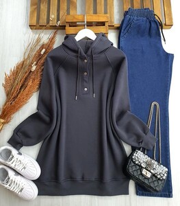 YAPQ YARIM ÇITÇIT DÜĞMELİ KAPŞONLU SWEAT C12--5387-29-ANTRASİT - 