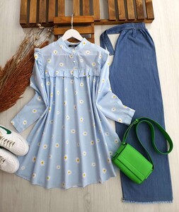 YARIM DÜĞMELİ SARI PAPATYALI GÖMLEK TUNİK B5-4-5178-13-BEBE MAVİSİ - 