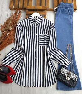 YASMİN ÇİZGİLİ TEK CEP TUNİK GÖMLEK A1-3-5419-12-LACİVERT - 