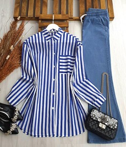 YASMİN ÇİZGİLİ TEK CEP TUNİK GÖMLEK A1-3-5419-14-SAKS - 