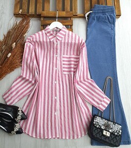 YASMİN ÇİZGİLİ TEK CEP TUNİK GÖMLEK A1-3-5419-16-GÜL - 