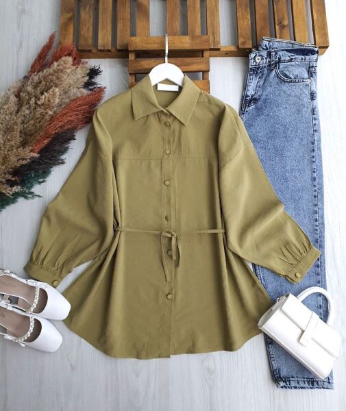 YAZAY GENİŞ KOL ÇIMALI SALAŞ GÖMLEK TUNİK B2-6-5656-09-HAKİ - 1