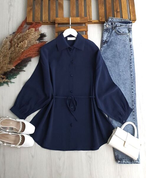 YAZAY GENİŞ KOL ÇIMALI SALAŞ GÖMLEK TUNİK B2-6-5656-12-LACİVERT - 1