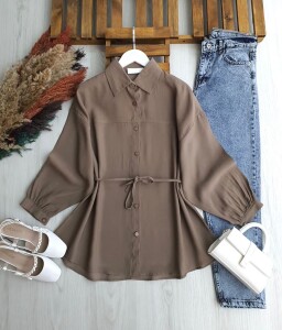 YAZAY GENİŞ KOL ÇIMALI SALAŞ GÖMLEK TUNİK B2-6-5656-25-VİZON - 