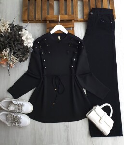 YAZL BEL İPLİ KALP AKSESUAR ÜSTÜ TAŞLI TUNİK 5652-01-SİYAH - 1