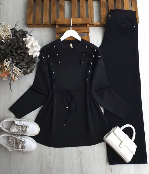 YAZL BEL İPLİ KALP AKSESUAR ÜSTÜ TAŞLI TUNİK 5652-01-SİYAH - 1