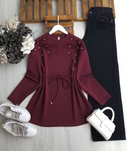 YAZL BEL İPLİ KALP AKSESUAR ÜSTÜ TAŞLI TUNİK 5652-04-BORDO - 1