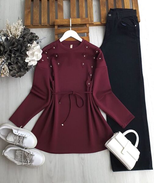 YAZL BEL İPLİ KALP AKSESUAR ÜSTÜ TAŞLI TUNİK 5652-04-BORDO - 1