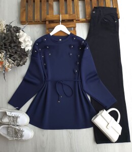 YAZL BEL İPLİ KALP AKSESUAR ÜSTÜ TAŞLI TUNİK 5652-12-LACİVERT - 1