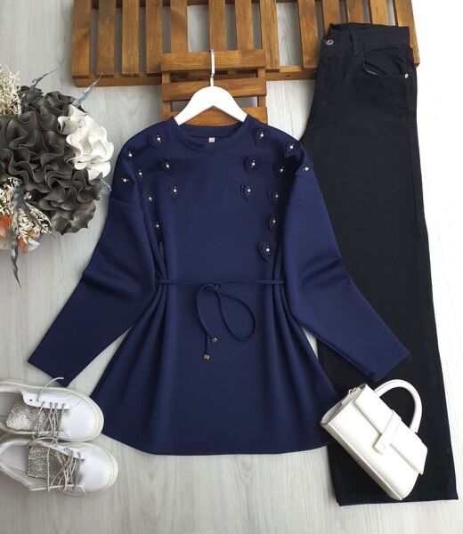 YAZL BEL İPLİ KALP AKSESUAR ÜSTÜ TAŞLI TUNİK 5652-12-LACİVERT - 1