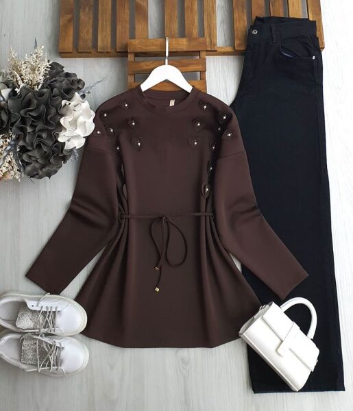 YAZL BEL İPLİ KALP AKSESUAR ÜSTÜ TAŞLI TUNİK 5652-37-KAHVE - 1