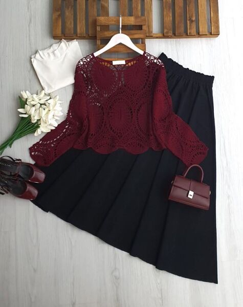 YCL DANTEL ÖRGÜ BLUZ 8204-04-BORDO - 1