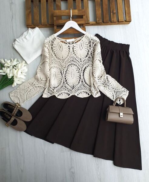 YCL DANTEL ÖRGÜ BLUZ 8204-34-BEJ - 1