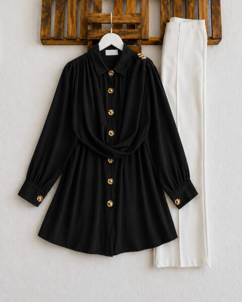 YEGFA TOKALI KENDİNDEN ŞALLI GÖMLEK TUNİK A3-5-5689-01-SİYAH - 1