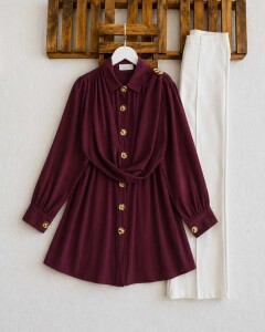 YEGFA TOKALI KENDİNDEN ŞALLI GÖMLEK TUNİK A3-5-5689-04-BORDO - 