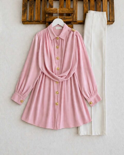 YEGFA TOKALI KENDİNDEN ŞALLI GÖMLEK TUNİK A3-5-5689-05-PUDRA - 1