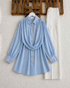 YEGFA TOKALI KENDİNDEN ŞALLI GÖMLEK TUNİK A3-5-5689-10-MAVİ 