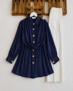 YEGFA TOKALI KENDİNDEN ŞALLI GÖMLEK TUNİK A3-5-5689-12-LACİVERT - 