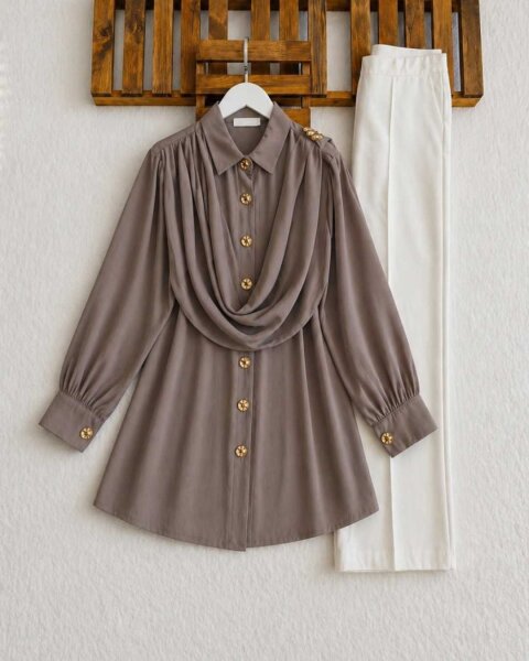 YEGFA TOKALI KENDİNDEN ŞALLI GÖMLEK TUNİK A3-5-5689-25-VİZON - 1