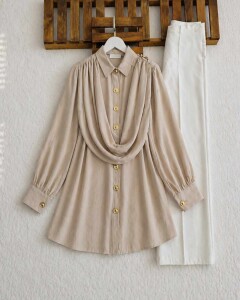 YEGFA TOKALI KENDİNDEN ŞALLI GÖMLEK TUNİK A3-5-5689-34-BEJ 