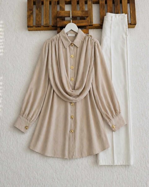 YEGFA TOKALI KENDİNDEN ŞALLI GÖMLEK TUNİK A3-5-5689-34-BEJ - 1