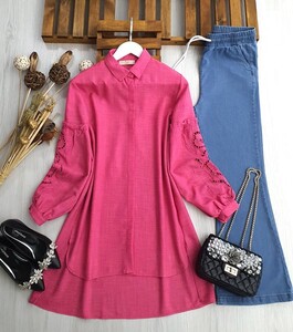 YEGİ KOL LAZER İŞLEMELİ GÖMLEK TUNİK B6-4-23251-28-FUŞYA - 