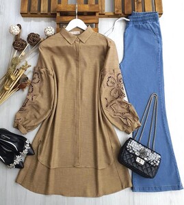 YEGİ KOL LAZER İŞLEMELİ GÖMLEK TUNİK B6-4-23251-37-KAHVE - 