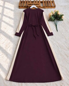 YELBE YANLARI GARNİLİ BELİ İPLİ ELBİSE B3-4-20002-18-MÜRDÜM - 