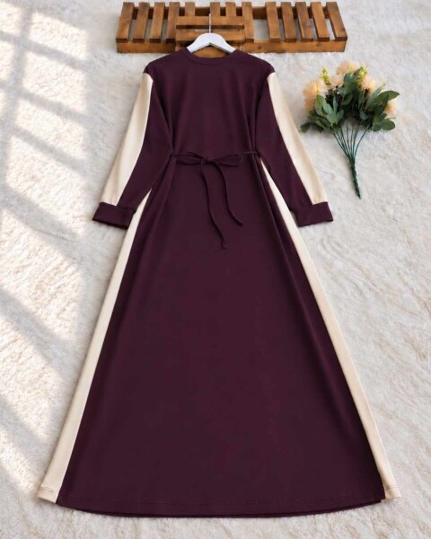 YELBE YANLARI GARNİLİ BELİ İPLİ ELBİSE B3-4-20002-18-MÜRDÜM - 1