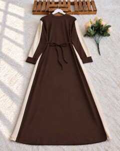 YELBE YANLARI GARNİLİ BELİ İPLİ ELBİSE B3-4-20002-37-KAHVE - 