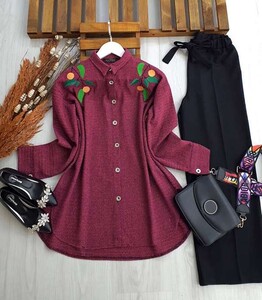 YELS NAKIŞLI OVERSİZE TÜVİT GÖMLEK 5252-04-BORDO - 