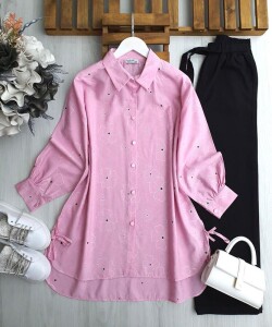 YENE DESENLİ GENİŞ KALIP GÖMLEK TUNİK 5564-47-PEMBE - 