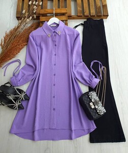 YESEH YAKA TAŞLI KOL BAĞLAMALI AYROBİN TUNİK B9-3-5291-32-LİLA - 